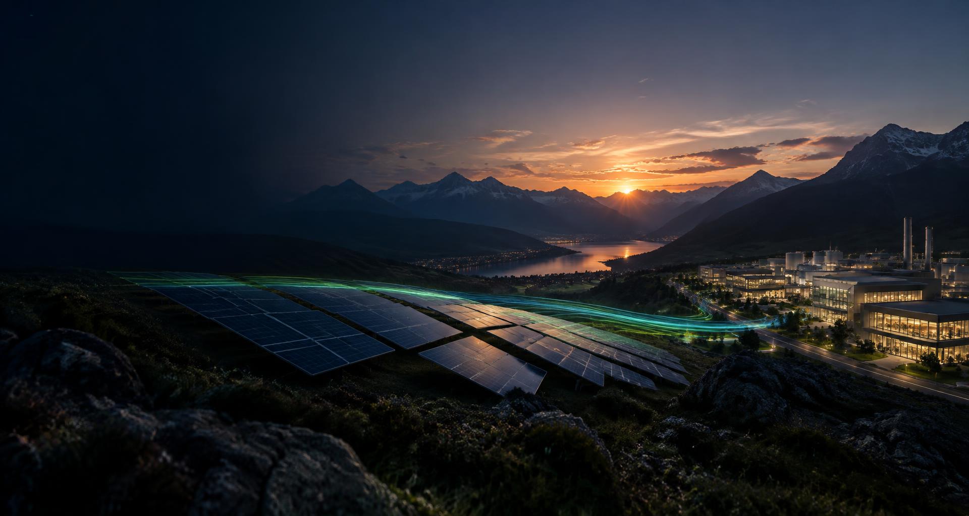 Impianto fotovoltaico collegato a un polo industriale al tramonto